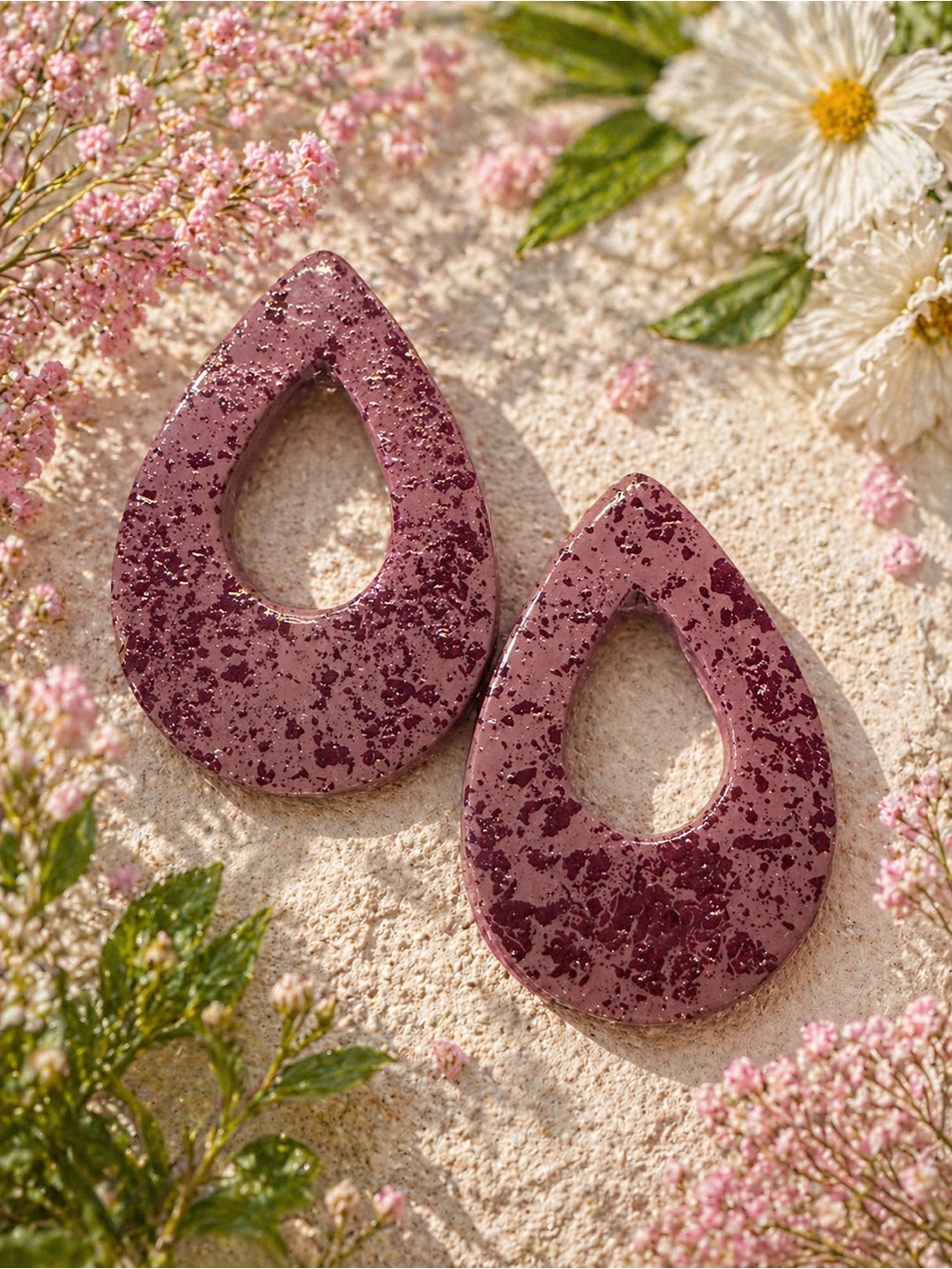 Speckled Teardrop Statement Handmade Polymer Clay Earrings - Mauve Pink